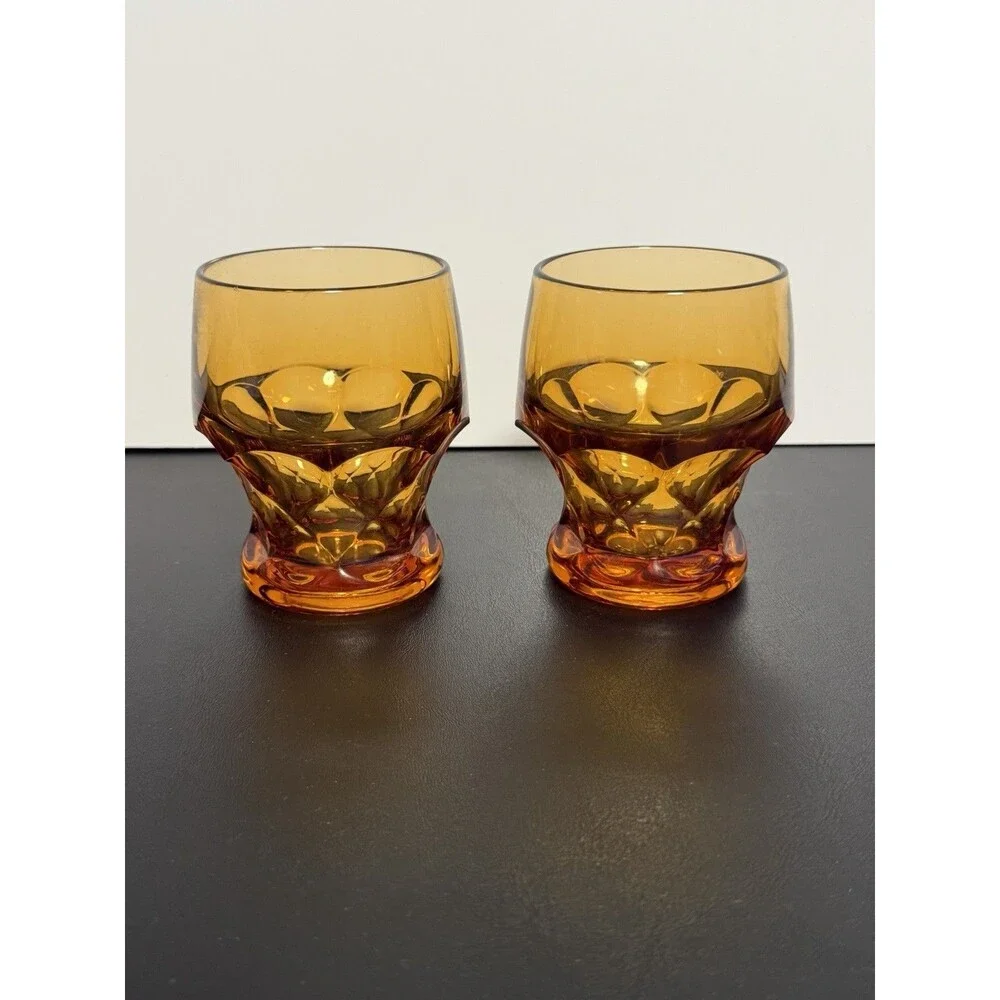 Vintage Amber Glass Whiskey Tumblers Rocks Glasses Set of 2 Mid Century Modern
